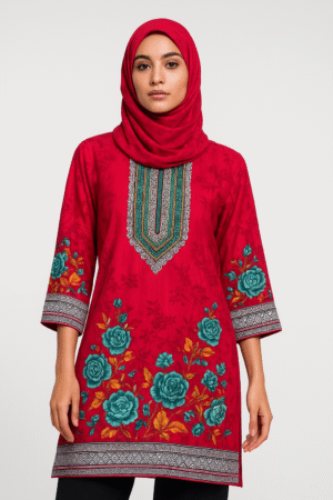 Red color with green flowers Kurti for Women